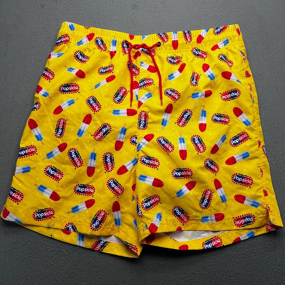 Popsicle Men Swim Trunks Yellow Polyester Medium Retro Novelty Board Shorts NWT